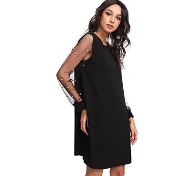 DIDK Women's Pearl Beaded Long Sleeve Tunic Dress