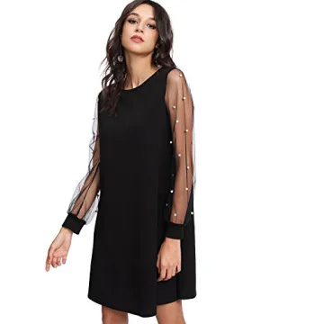 DIDK Women's Pearl Beaded Long Sleeve Tunic Dress