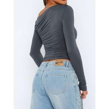 Yoawdats Women's One Off Shoulder Crop Tops Y2k Going Out Long Sleeve Slim Fit Casual Blouse T Shirt...