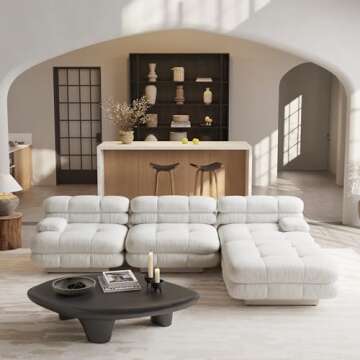 JACH L-Shaped Modular Sectional Couch, Double Layer Deep 3-Seat Couches with Chaise Ottoman, 109'' Minimalist Teddy Velvet Sectional Sofas, Convertible Sleeper Sofa for Living Room Apartment (Beige)