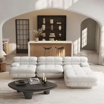 JACH L-Shaped Modular Sectional Couch, Double Layer Deep 3-Seat Couches with Chaise Ottoman, 109'' Minimalist Teddy Velvet Sectional Sofas, Convertible Sleeper Sofa for Living Room Apartment (Beige)