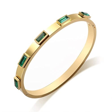 JINHUI Gold Bangles Bracelets for Women, 18K Gold Plated Green Emerald Birthstone Women’s Bangle B...