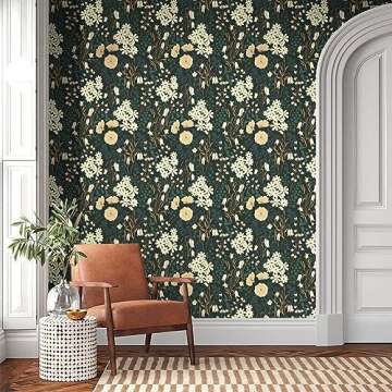 Peel and Stick Wallpaper Floral Contact Paper Black Green Wallpaper for Bedroom Removable Self-Adhesive Wallpaper Easy Peel Off Wallpaper Renter Friendly Wallpaper Decoral Cabinets 78.7"×15.5"