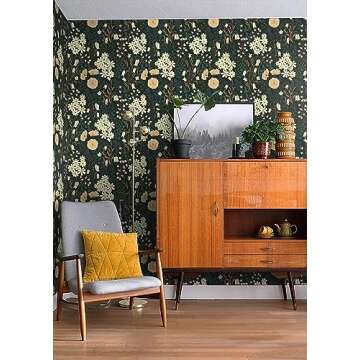 Peel and Stick Wallpaper Floral Contact Paper Black Green Wallpaper for Bedroom Removable Self-Adhesive Wallpaper Easy Peel Off Wallpaper Renter Friendly Wallpaper Decoral Cabinets 78.7"×15.5"