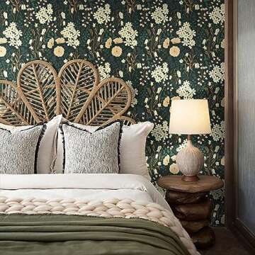 Peel and Stick Wallpaper Floral Contact Paper Black Green Wallpaper for Bedroom Removable Self-Adhesive Wallpaper Easy Peel Off Wallpaper Renter Friendly Wallpaper Decoral Cabinets 78.7"×15.5"