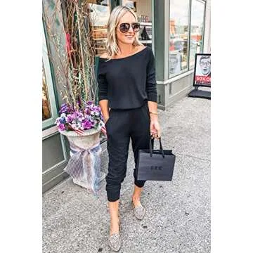 PRETTYGARDEN Women's Casual Long Sleeve Jumpsuit Crewneck One Off Shoulder Elastic Waist Stretchy Romper with Pockets