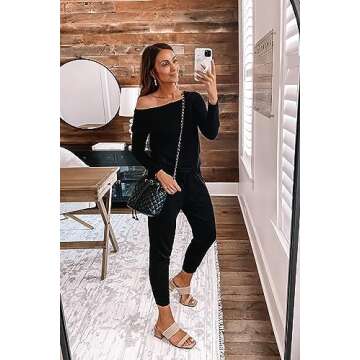 PRETTYGARDEN Women's Casual Long Sleeve Jumpsuit Crewneck One Off Shoulder Elastic Waist Stretchy Romper with Pockets