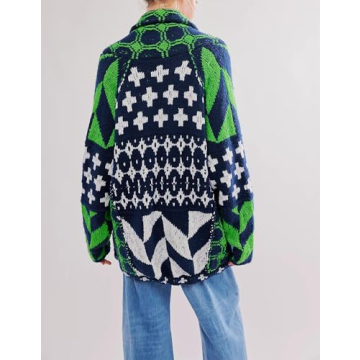 Yuemengxuan Cardigan Sweaters for Women Button Down Shawl Collar Oversized Sweater Coats Y2k Print Cardigans Fall Fashion, Green, One Size