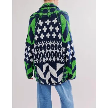 Yuemengxuan Cardigan Sweaters for Women Button Down Shawl Collar Oversized Sweater Coats Y2k Print Cardigans Fall Fashion, Green, One Size