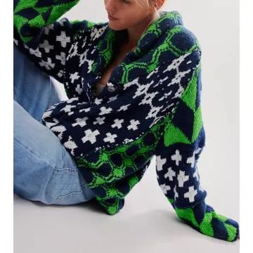 Yuemengxuan Cardigan Sweaters for Women Button Down Shawl Collar Oversized Sweater Coats Y2k Print Cardigans Fall Fashion, Green, One Size