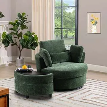 Chair and A Half with Ottoman, 360° Swivel Chair Modern Circle Round Love Seat Sofa Couch Set Big Comfy Accent Barrel Chairs Living Room Bedroom Lounge Reading Corner Furniture with 4 Pillows (Green)