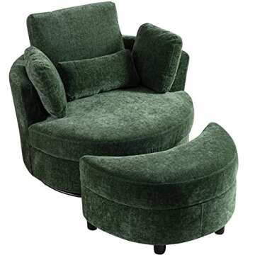 Chair and A Half with Ottoman, 360° Swivel Chair Modern Circle Round Love Seat Sofa Couch Set Big Comfy Accent Barrel Chairs Living Room Bedroom Lounge Reading Corner Furniture with 4 Pillows (Green)
