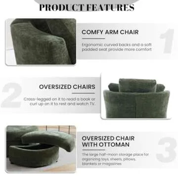 Chair and A Half with Ottoman, 360° Swivel Chair Modern Circle Round Love Seat Sofa Couch Set Big Comfy Accent Barrel Chairs Living Room Bedroom Lounge Reading Corner Furniture with 4 Pillows (Green)