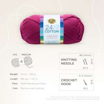 Lion Brand 24/7 Cotton Yarn - Lightweight for Crafting