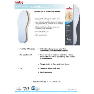 Pedag Summer | Pure Terry Cotton Insoles | Handmade in Germany | Absorbs Sweat & Controls Odor | Ideal for Wear Without Socks | Washable | US Women 9/ Men 6/ EU 39 | White | 3 Pair