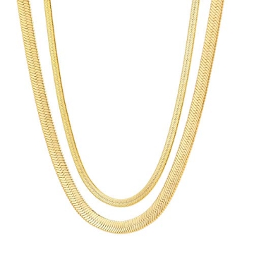 Fiusem Gold Plated Herringbone Necklace for Women, 14K Gold Plated Flat Snake Chain Necklace for Wom...