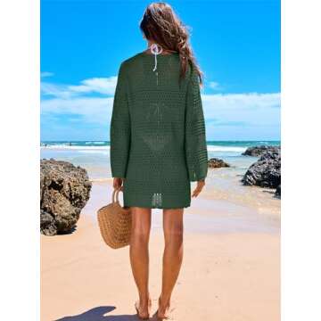 ANRABESS Women Swimsuit Crochet Swim Cover Up 2024 Summer Bathing Suit Swimwear Mesh Knit Beach Dress Vacation Outfits Deep Green Small