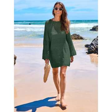 ANRABESS Women Swimsuit Crochet Swim Cover Up 2024 Summer Bathing Suit Swimwear Mesh Knit Beach Dress Vacation Outfits Deep Green Small