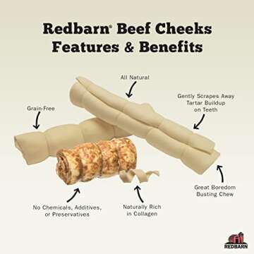 Redbarn Pet Products All-Natural Large Beef Cheek Rolls for Dogs, Uncoated - Single Ingredient Grain-Free Chew Treat Naturally Rich in Collagen - No Artificial Preservatives - Pack of 4