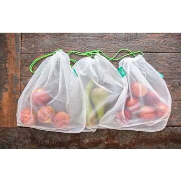 Veggio 5-Pack - Set of Reusable Eco-Bags Made From Recycled PET Bottles - Fruit & Vegetable Polyester Storage Bags - Drawstring Closure & 5 PCS - Carrinet