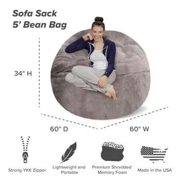 Sofa Sack Bean Bag Chair - Plush, Ultra Soft - Memory Foam Bean Bag Chair with Faux Rabbit Fur Cover - Stuffed Foam Filled Furniture and Accessories for Dorm Room 5 Feet - Gray