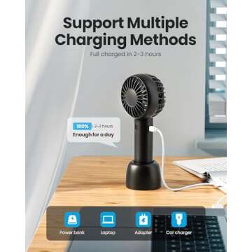 Gaiatop Mini Portable Fan, Small and Powerful, Cute Design 3 Speed Personal Handheld and Desktop with Base, Lightweight USB Rechargeable for Makeup Stylish Girl Women Travel Indoor Outdoor Black