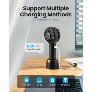 Gaiatop Mini Portable Fan, Small and Powerful, Cute Design 3 Speed Personal Handheld and Desktop with Base, Lightweight USB Rechargeable for Makeup Stylish Girl Women Travel Indoor Outdoor Black