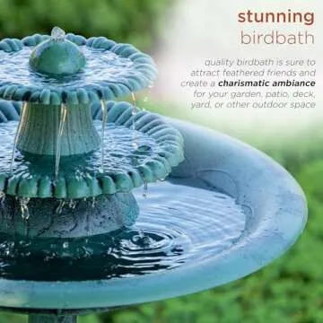 Alpine Corporation - TEC106 Outdoor Floor 3-Tiered Pedestal Water Fountain and Birdbath, Pedestal Waterfall Fountain, 35", Green - Relaxing Water Feature for Garden, Patio, Deck, or Yard
