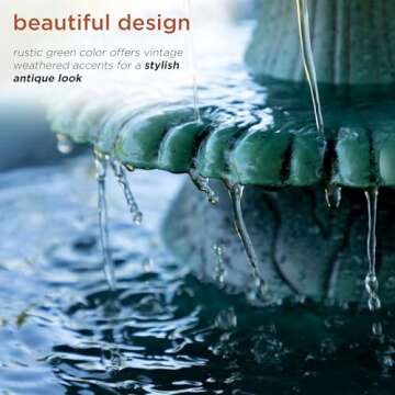Alpine Corporation - TEC106 Outdoor Floor 3-Tiered Pedestal Water Fountain and Birdbath, Pedestal Waterfall Fountain, 35", Green - Relaxing Water Feature for Garden, Patio, Deck, or Yard
