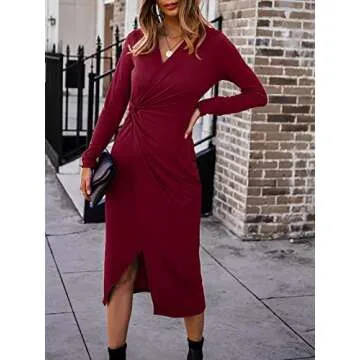 SHIBEVER Fall Wedding Guest Dresses Women 2024 Long Sleeve Cocktail Maxi Dress Formal Bodycon Midi Casual Wrap Dress Claret S
