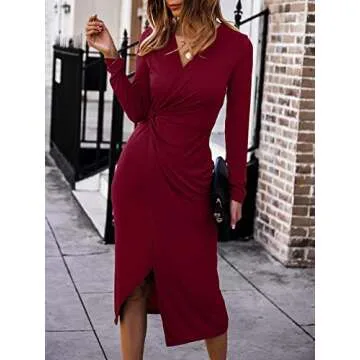 SHIBEVER Fall Wedding Guest Dresses Women 2024 Long Sleeve Cocktail Maxi Dress Formal Bodycon Midi Casual Wrap Dress Claret S