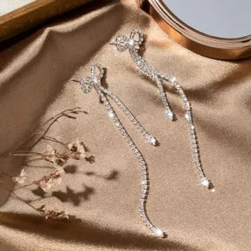 Luxval Silver Bow Earrings for Women Sparkle Earrings Rhinestone Drop Earrings Long Silver Earrings Dangle Bling Bowknot Earrings Fashion Jewelry Gift