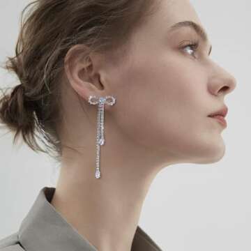 Luxval Silver Bow Earrings for Women Sparkle Earrings Rhinestone Drop Earrings Long Silver Earrings Dangle Bling Bowknot Earrings Fashion Jewelry Gift