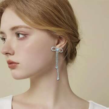 Luxval Silver Bow Earrings for Women Sparkle Earrings Rhinestone Drop Earrings Long Silver Earrings Dangle Bling Bowknot Earrings Fashion Jewelry Gift