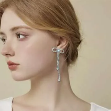 Luxval Silver Bow Earrings for Women Sparkle Earrings Rhinestone Drop Earrings Long Silver Earrings Dangle Bling Bowknot Earrings Fashion Jewelry Gift