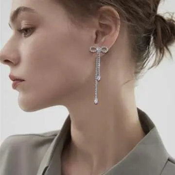 Luxval Silver Bow Earrings for Women Sparkle Earrings Rhinestone Drop Earrings Long Silver Earrings Dangle Bling Bowknot Earrings Fashion Jewelry Gift