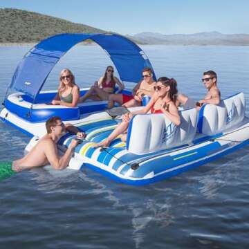 Bestway Hydro-Force Tropical Breeze 6 Person Inflatable Floating Party Island, Water Float Lounger with 6 Cup Holders, Backrests, and Sun Shade