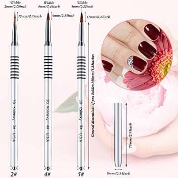 Patelai 3 Pcs Kolinsky 3D Nail Art Brush Set for Acrylic Powder Sculpture Nail Art Brush Size 2/4/5 with silver Metal Nonslip Grip Handle for Acrylic Powder Application