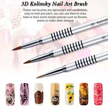 Patelai 3 Pcs Kolinsky 3D Nail Art Brush Set for Acrylic Powder Sculpture Nail Art Brush Size 2/4/5 with silver Metal Nonslip Grip Handle for Acrylic Powder Application