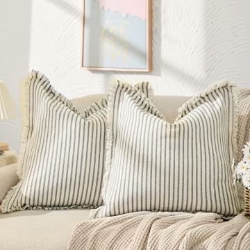 ZWJD Throw Pillow Covers 24x24 Set of 2 Striped Pillow Covers with Fringe Chic Cotton Decorative Pil...