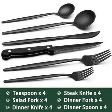Black Silverware Set with Steak Knives, 24-Piece Stainless Steel Black Flatware Set for 4, Food-Grad...