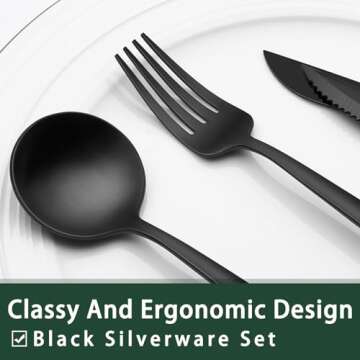 Black Silverware Set with Steak Knives, 24-Piece Stainless Steel Black Flatware Set for 4, Food-Grade Tableware Cutlery Set, Utensil Sets for Home Restaurant, Mirror Finish, Dishwasher Safe