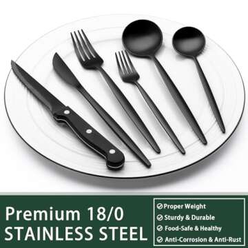 Black Silverware Set with Steak Knives, 24-Piece Stainless Steel Black Flatware Set for 4, Food-Grade Tableware Cutlery Set, Utensil Sets for Home Restaurant, Mirror Finish, Dishwasher Safe