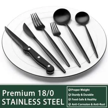 Black Silverware Set with Steak Knives, 24-Piece Stainless Steel Black Flatware Set for 4, Food-Grade Tableware Cutlery Set, Utensil Sets for Home Restaurant, Mirror Finish, Dishwasher Safe