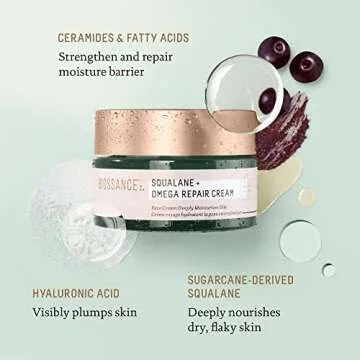 BIOSSANCE Squalane + Omega Repair Cream - Ultra-Moisturizing Face Cream - Skin Care with Hyaluronic Acid, Ceramides, Squalane - Ideal for Dry & Sensitive Skin, Intense Hydration Moisturizer - 1.7oz