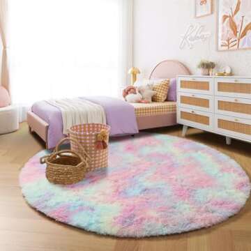 Amdrebio Rainbow Fluffy Round Rug 6Ft Kids Rugs for Girls Bedroom, Unicorn Room Decor, Colorful Pastel Plush Floor Carpet for Playroom Baby Nursery, Cute Shag Kawaii Circle Area Rug for Teen Princess