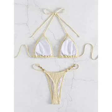 Verdusa Women's 2 Piece Bikini Set Swimsuits Swimwear Halter Triangle Top and Thong Bathing Suit Beige M