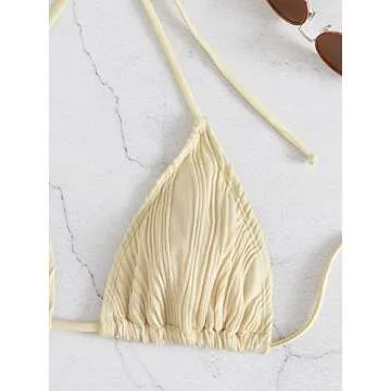 Verdusa Women's 2 Piece Bikini Set Swimsuits Swimwear Halter Triangle Top and Thong Bathing Suit Beige M