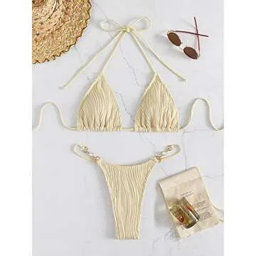 Verdusa Women's 2 Piece Bikini Set Swimsuits Swimwear Halter Triangle Top and Thong Bathing Suit Beige M