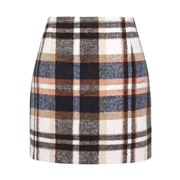 Womens Wool Plaid Mini Skirt Fall Winter High Waisted Bodycon Pencil Skirt (Brown, XL)